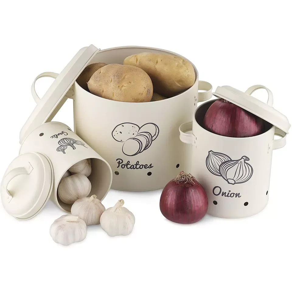Kitchen Farmhouse Metal Vegetable Bin  Potato Onion Garlic Storage container Food Canisters Sets  Keeper Box Bin with Handle
