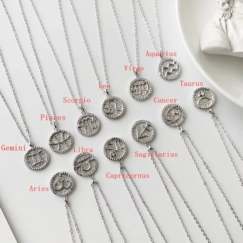 Trendy Fashion Jewelry 925 Sterling Silver Rhodium Plated Zircon Constellation Zodiac Coin Necklace for Women