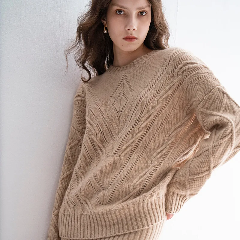 Custom Autumn Winter Winter 100% Pure Cashmere Cable knitted Sweater Skirt 2 Piece Set Outfit Sweater Top Twin Set Women