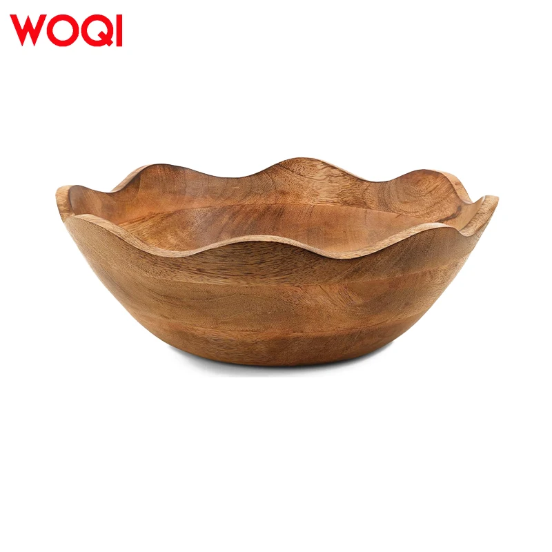 WOQI Brown Rustic Kitchen Decor Wooden Fruit Bowl Scallop-Edged for Coffee Table or Home Centerpiece for Food Display