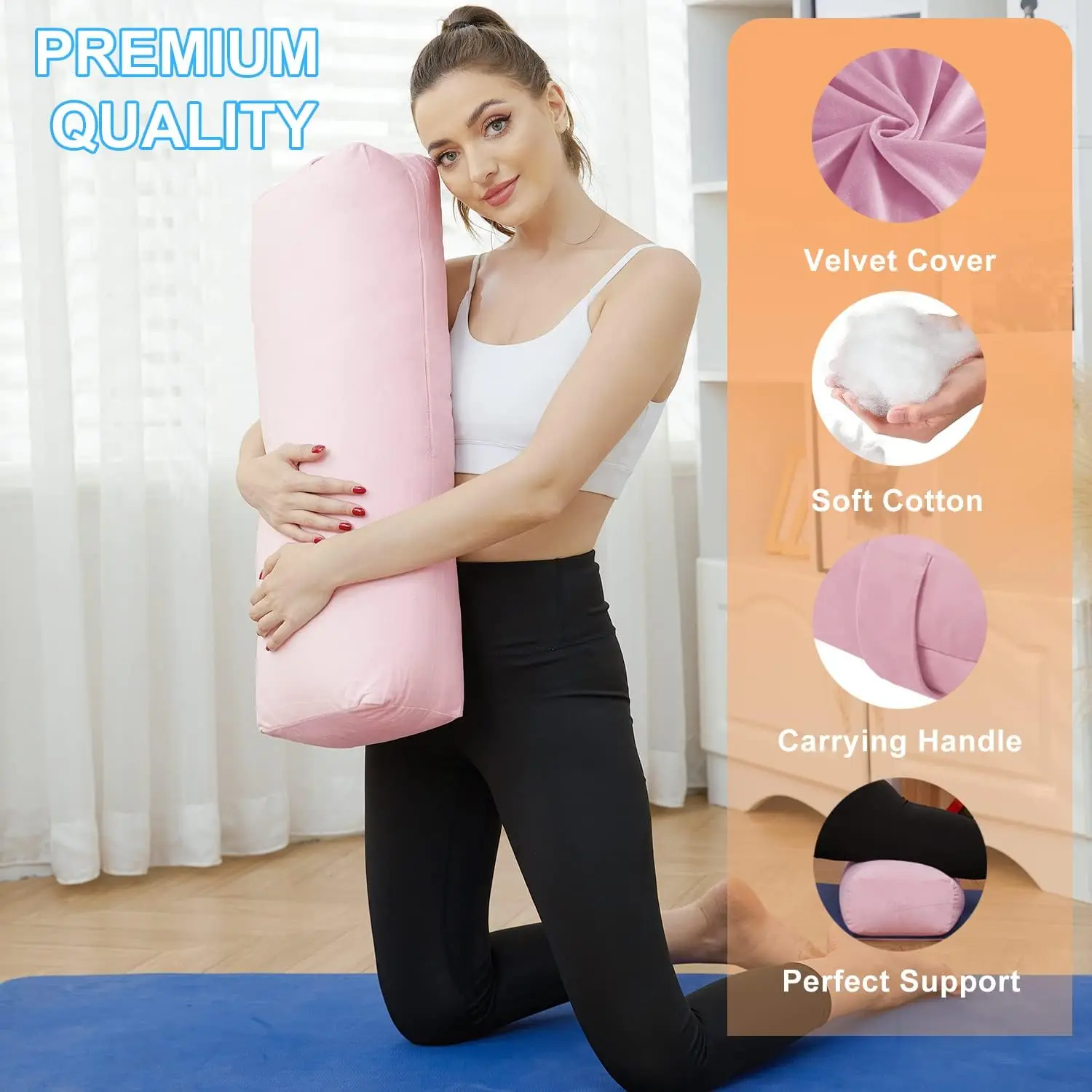 Yoga Pillow-Yoga Bolster Pillow for Restorative Yoga-Meditation Pillow with Velvet Cover,Filled with Soft Cotton,PINK