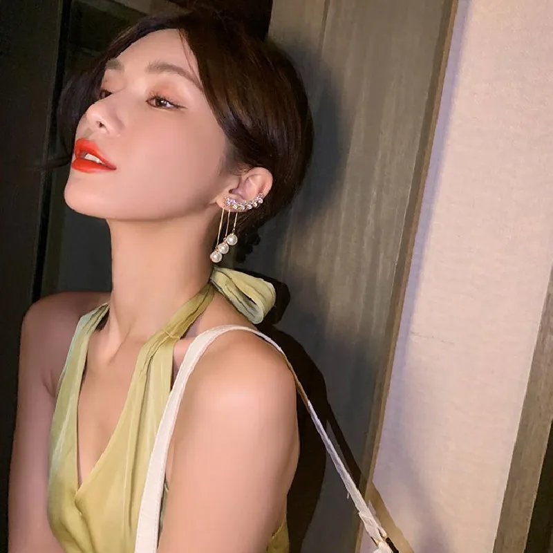 925 Silver Needle Personality Fashion Crystal Pearl Earrings For Women Temperament Tassel Pearl Cuff Earring Jewelry