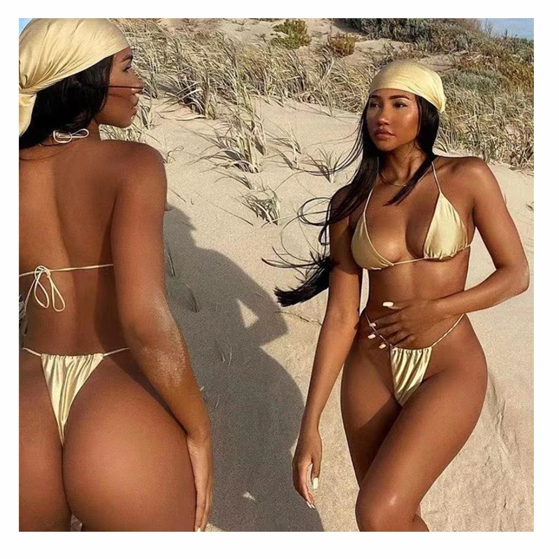 Производители 2021 сексуальные женские индивидуальные микро стринги шелковые атласные треугольные простые накидки купальник из 3 шт.