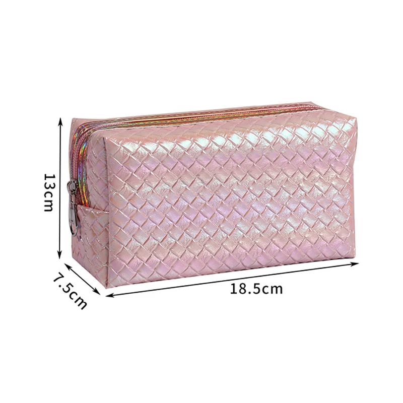 New Laser Square Color Woven Pattern Pu Leather Women Travel Cosmetic Storage Travel Toiletry Zipper Makeup Brush Bag Ladies