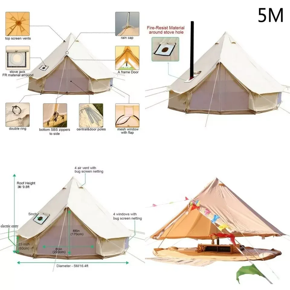 CLM Low MOQ Wholesale 3M 4M 5M 6M 7M Outdoor Glamping Luxury Cotton Yurt Tent 4 Season Waterproof Canvas Bell Tent
