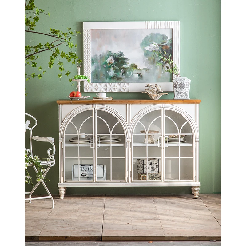 Accent French Furniture Light Simple White Living Room Modern Retro Arched Oak Storage Cabinet With Glass Door