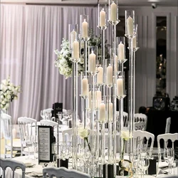 Wedding Centerpiece Clear Crystal Cluster Round Candelabra Glass Tube Candle Holder 10 Arms