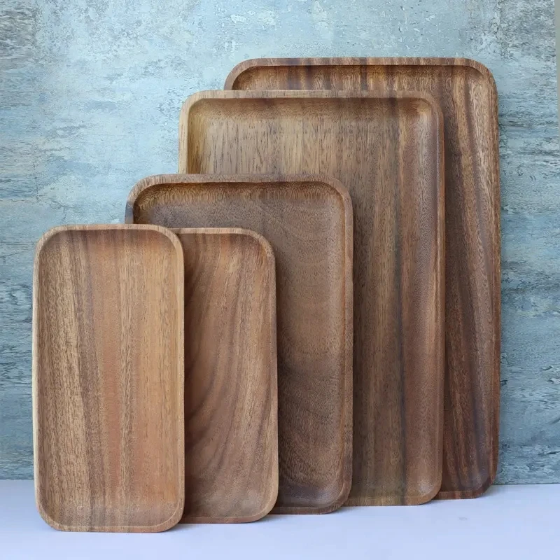 Hot Sale Custom OEM Hand Made Natural Kitchen Long Rectangular Square Acacia Wood Tray