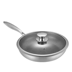 Chinese supplier 304 stainless steel smokeless 26 cm smooth slanted non stick frying pan with glass lid