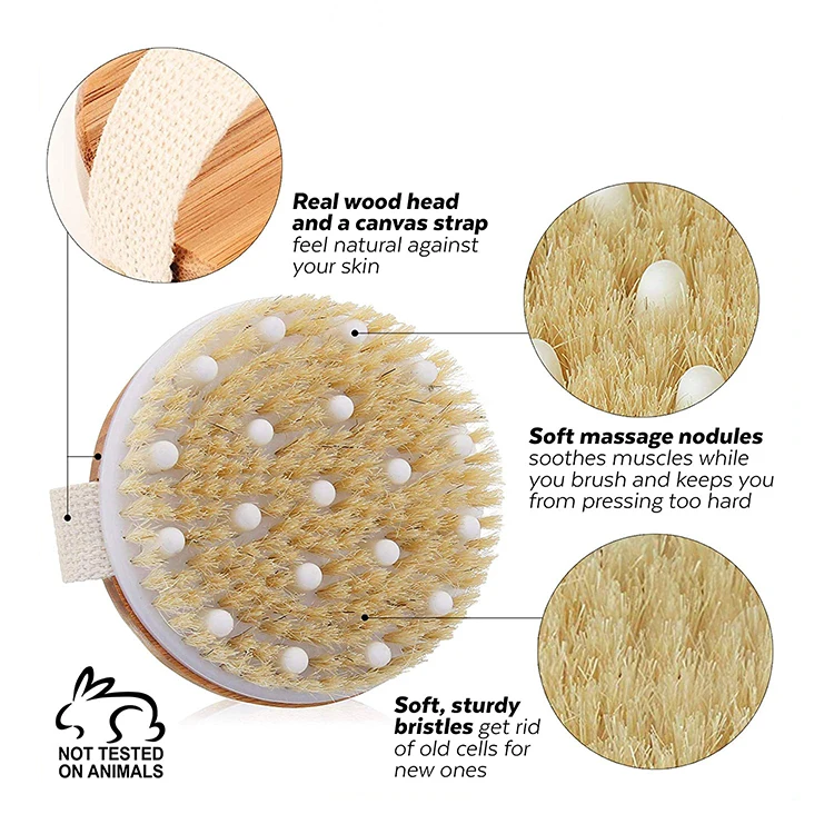 Organic Free Sample Round Wooden Scrub Bath Massage Exfoliating Shower Brush Dry Body Brush with Sisal Bristles