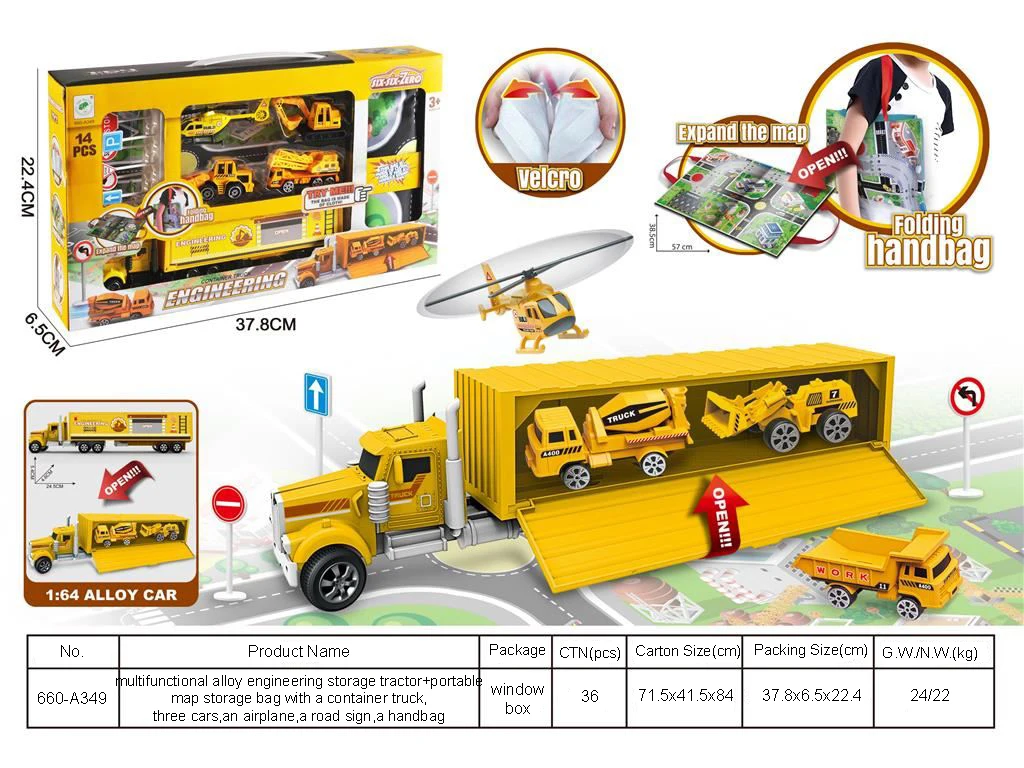 Hot selling storage portable handbag map tractor car toys alloy car toy set
