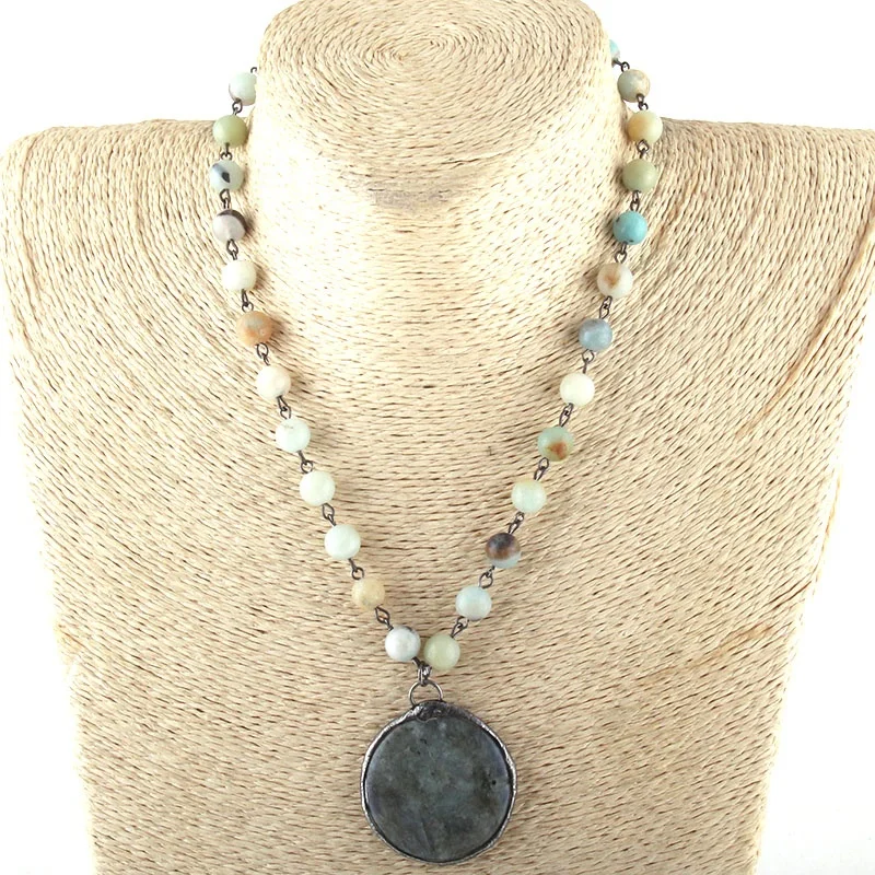 Fashion Women Ethnic jewellery necklace Natural Stone Black Rosary Chain Amazonite Stone Rectangle Round Pendant Choker Necklace