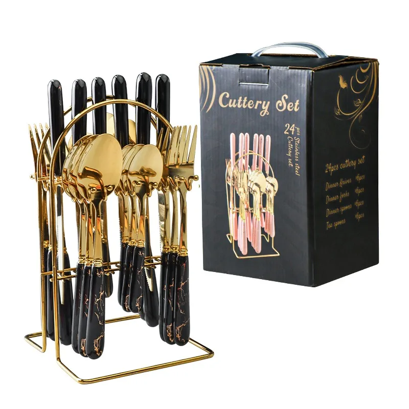 Court style 24pcs white gold marble ceramic handle stainless steel cutlery sets spoon fork with gold holder