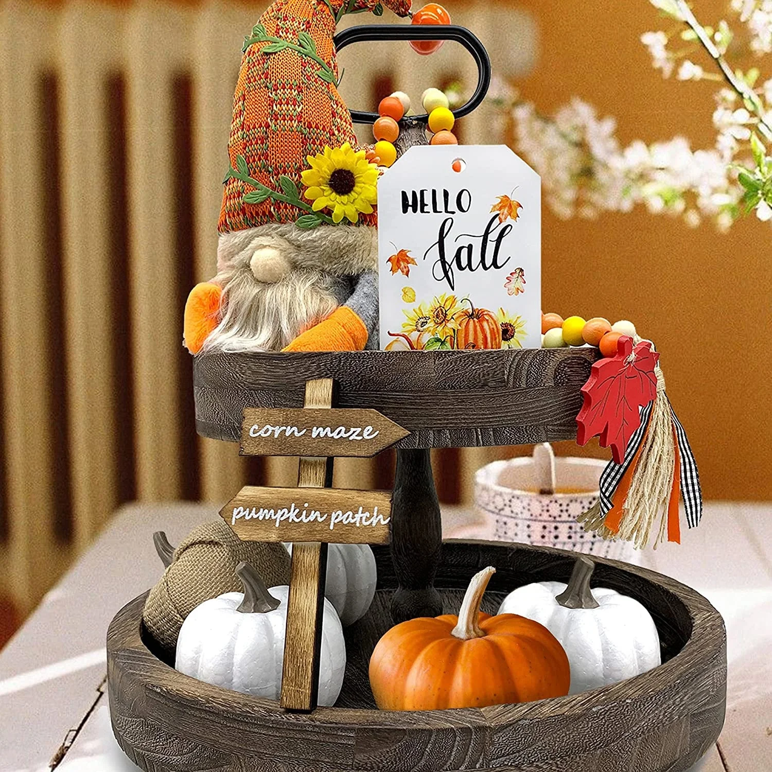 Fall Decor Fall Tiered Tray Decor Plush Gnome Fall Wood Bead Garland  Happy Wooden Sign - Pumpkin Spice Corn Maze Sig
