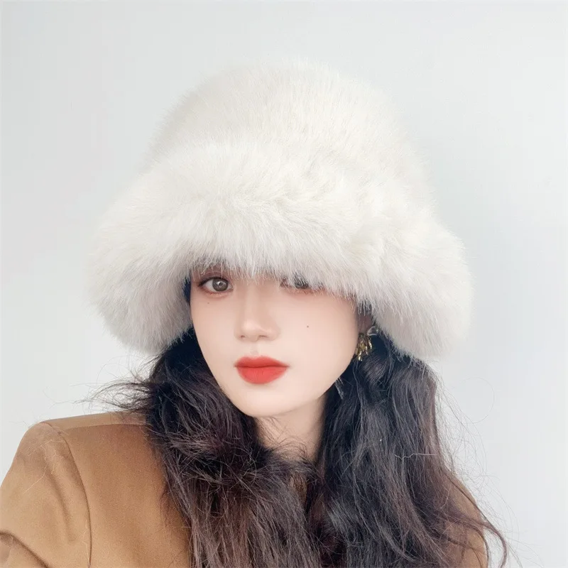 Hot Sale Outdoor Ladies Girl Furry Fluffy Designer fox cap faux fur bucket winter hat for women