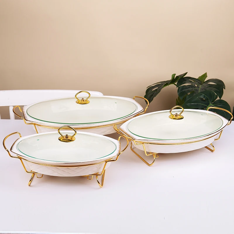 CANHUI China Manufacturer Porcelain Casserole Buffet Chafing Dish Ceramic Oval Food Warmer With Glass Lid
