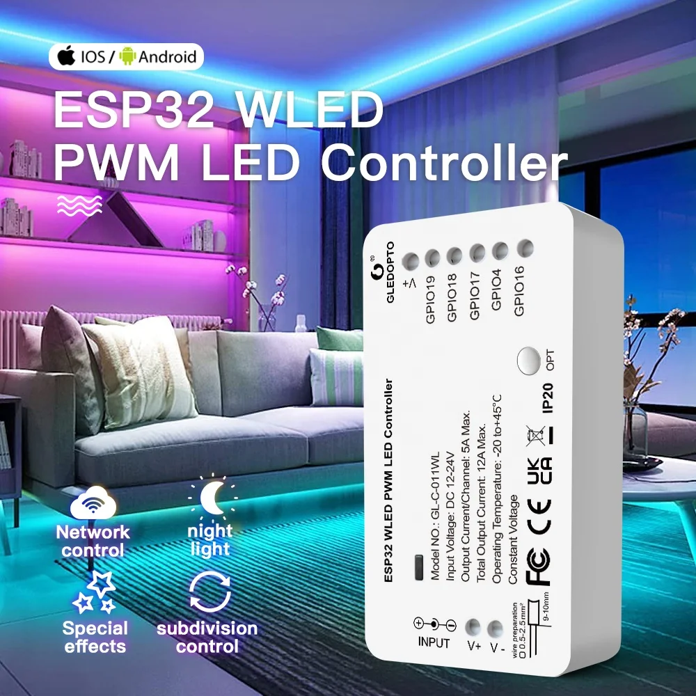 Gledopto ESP32 WLED PWM светодиодный контроллер входного напряжения постоянного тока 12-24 В общий выходной ток 12 А Макс 800 IC со специальными эффектами