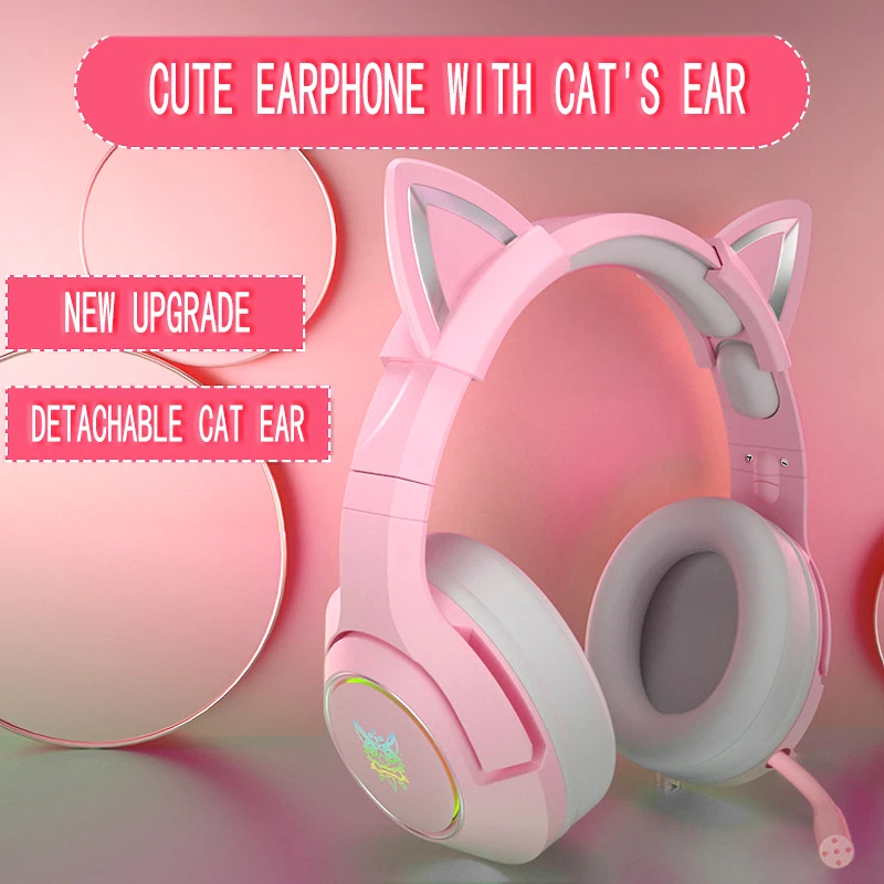 Hot sale ONIKUMA K9 Pink HiFi 3.5mm Wired Gaming Cat Ear Headset with Microphone for Computer for the cute girl.