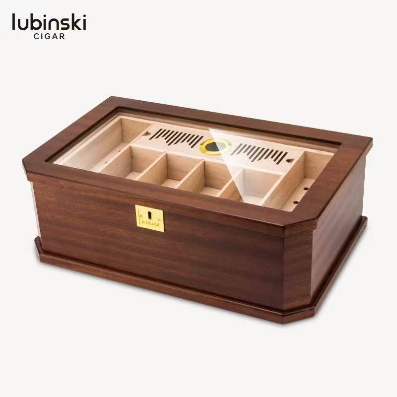 Lubinski Sapele Wood Perspective Window Double Layer Large Capacity Cigarette Box 80 Cigars Humidor