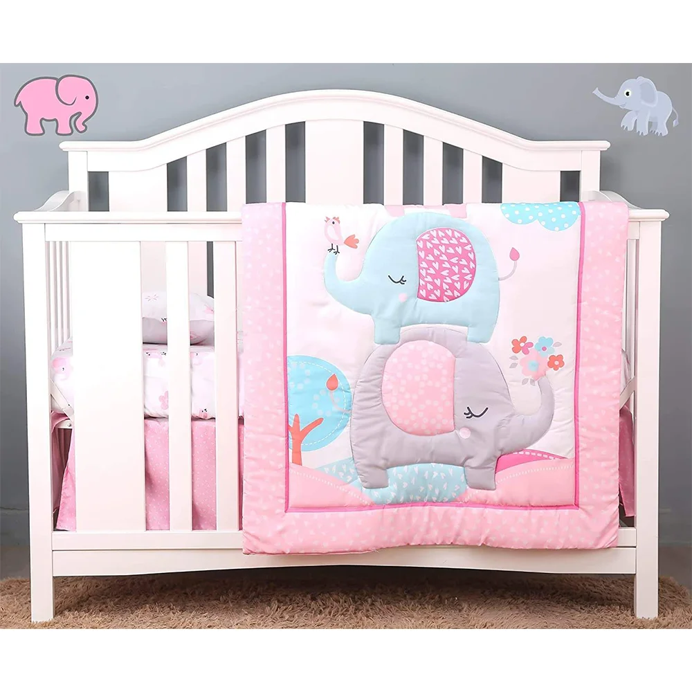 Skin-friendly Microfiber Fabric 4 Pieces Elephant Animal Pattern Printing Crib Fitted Sheet Baby Bedding Set