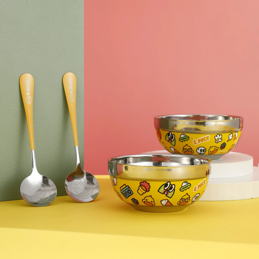 Carton design serving mixing bowl 4 pcs stainless steel rice bowls set with spoons