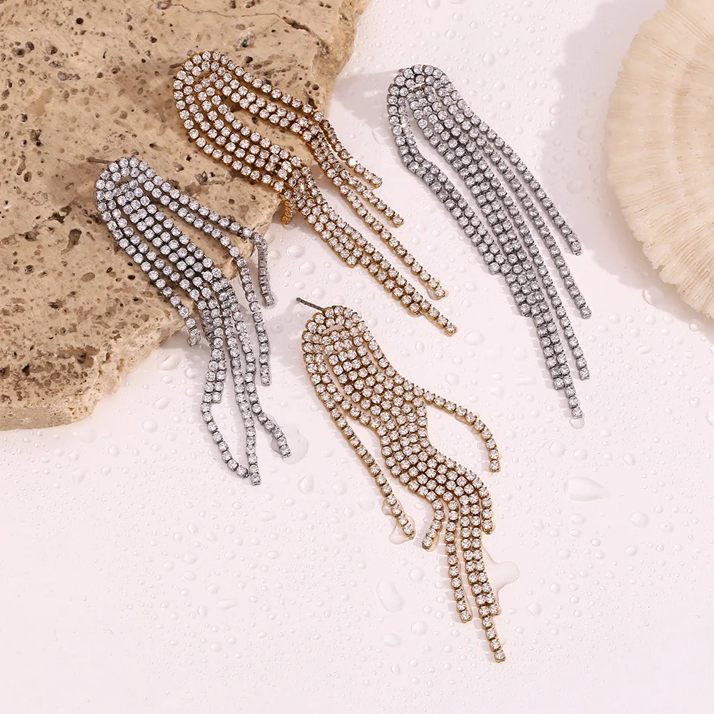 18K Gold Plated Stainless Steel Women Party Jewelry Luxury Shining Diamond Zirconia Chain Fringe Dangle Tassel Earrings