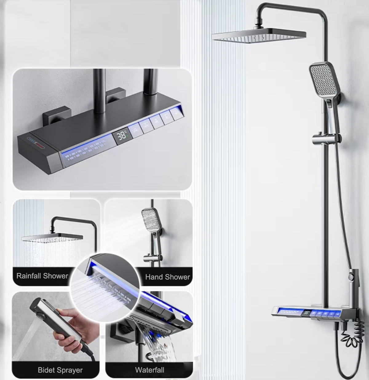 LED Light Display Piano Thermostatic 5 Functions Wall Mounted Set Bathroom Rainfall Waterfall Shower