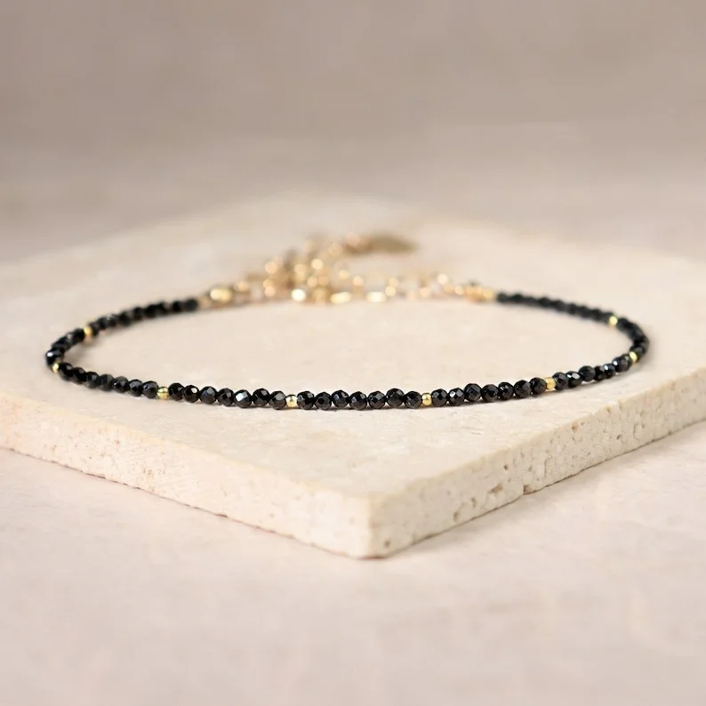 Minimalist Gold Plated Crystal Bead Bracelet Delicate Adjustable Black Natural Stone Bracelet For Yoga Jewelry Women