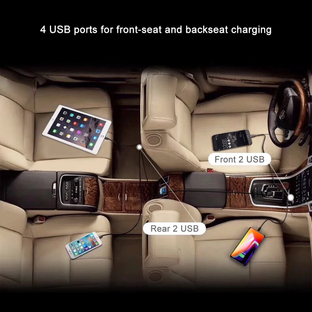 36W 4 Port USB Car Charger 8A Quick Charge QC3.0 5.6ft Extension Cable for Front Seat and Backseat Fast Charging