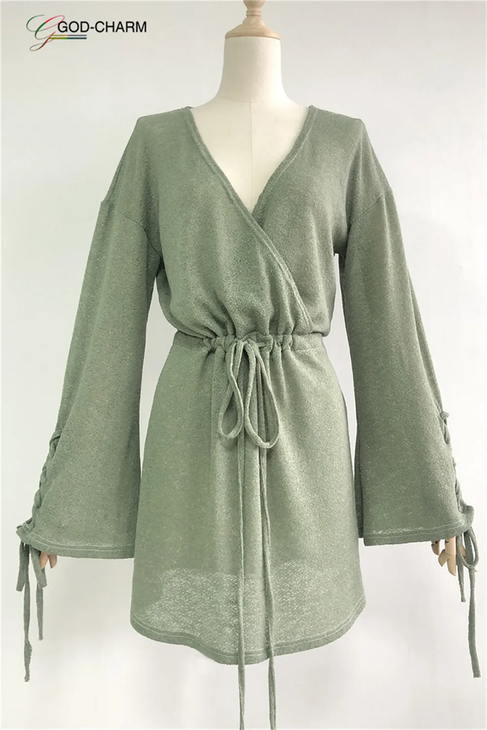 GC-1031  Wholesale sexy Winter New arrivals Ladies Knitted Good quality in-stock V-Neck  Loose Bandage Long Sleeve Women Dresses