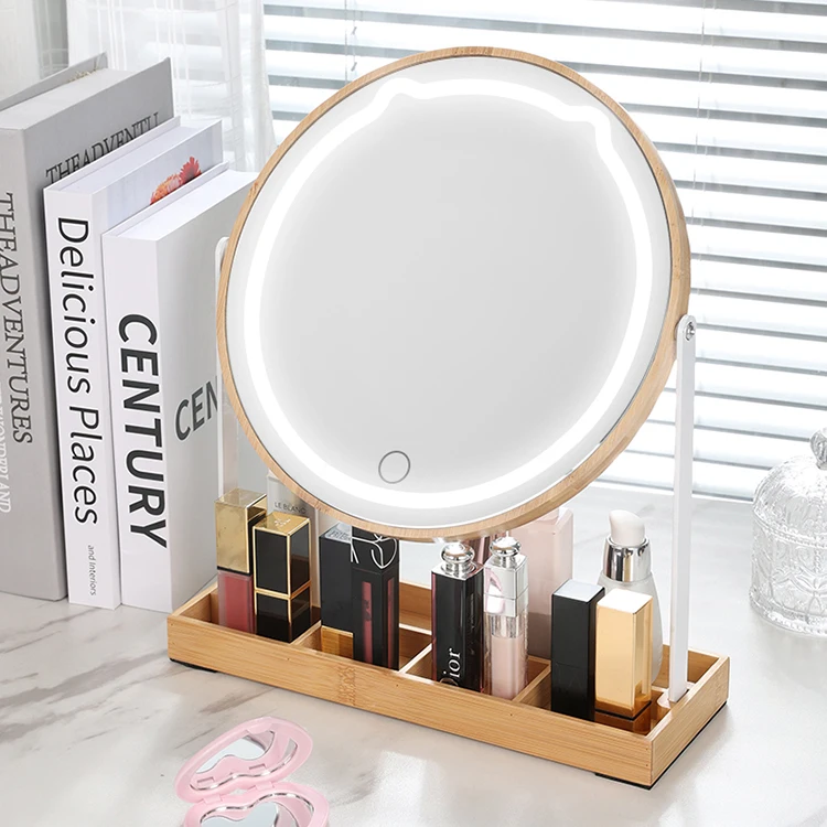 custom personality smart tabletop dressing mirror circle brown make up mirrors lighted with led light up stand bluetooth