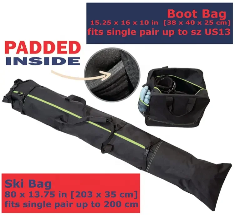 600D Water-Resistant Polyester Size Adjustable Padded Two-Piece Store Transport Portable Ski and Boot Bag Combo with Best Price