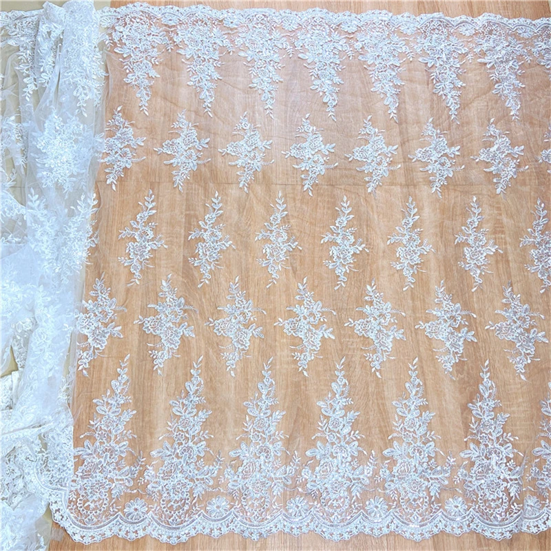 Wholesale French Mesh White Sequin Fabric Bridal Embroidery Lace Polyester Tulle Wedding Clothing Textile Fabric
