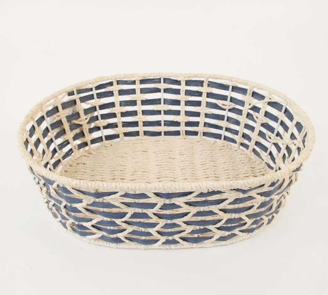 Customized Cream-colored Blue Paper Rope Iron Frame Oblong Storage Basket for Office