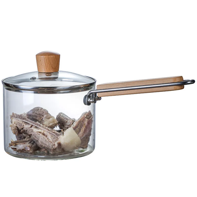 Home kitchen high borosilicate transparent glass cooking pot with Wooden handle