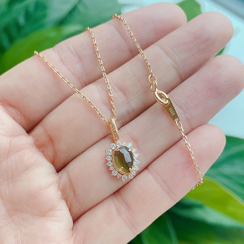 Sun Forest Green Peridot 925 Silver 14K Gold Plated Pave Pendant Necklaces For Women