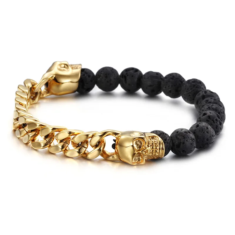 Jewelry Wholesale Stainless Steel Skull Buddha Beads Volcanic Stone Beaded Bracelet