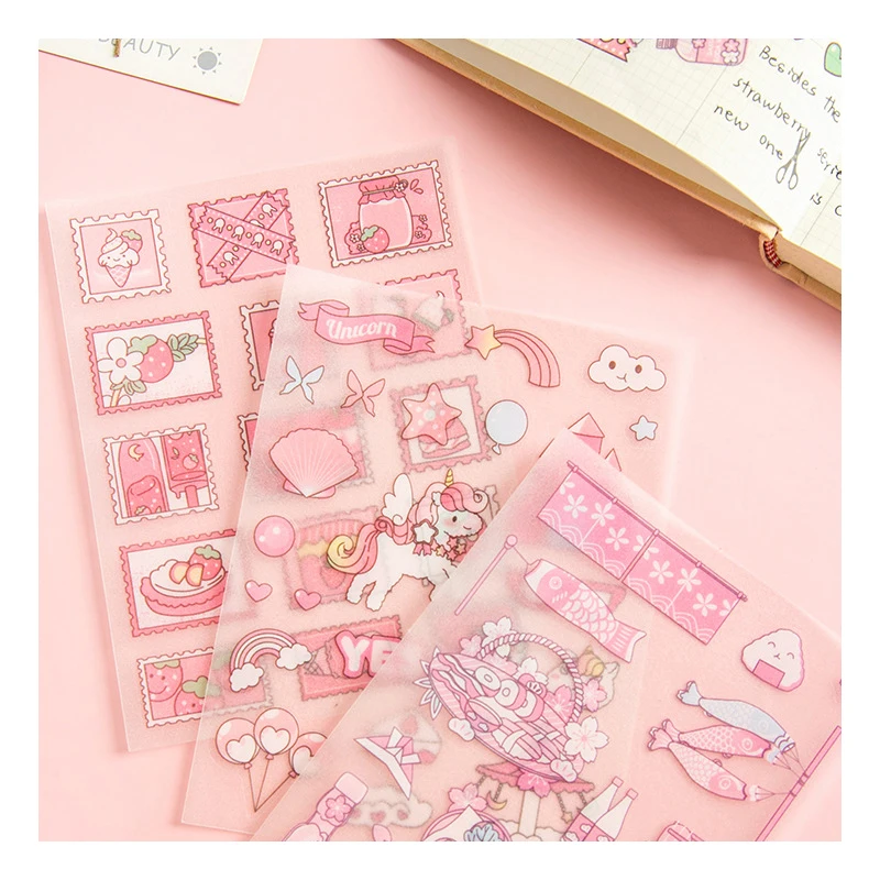 Custom Matte Washi Cute Kawaii Transparent Pvc Deco Clear Journal Planner Stickers Kiss Cut Stickers Sheets