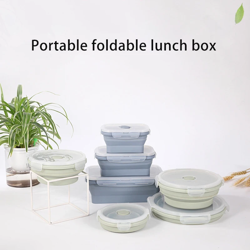 Portable outdoor travel foldable bpa free silicone microwave crisper food storage box lunch box folding bowl container