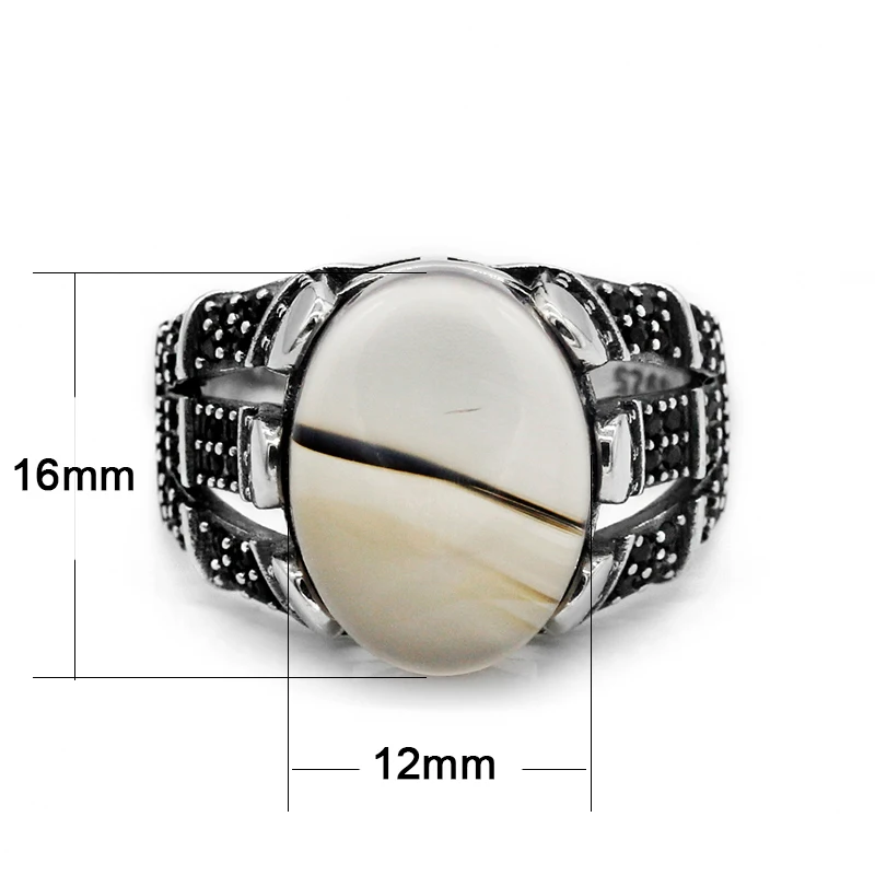 New Arrival 925 Sterling Silver Textual Agate Stone Men Ring,Turkish Jewelry Oxidized Silver Rings for Men Engagement Wedding
