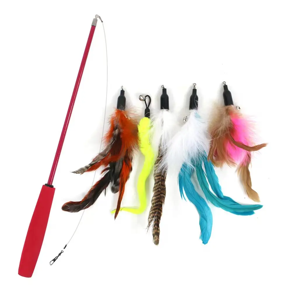 9 Piece Set Three Sections Fishing Rod Colorful Feather Caterpillar Cat-teasing Stick cat toys