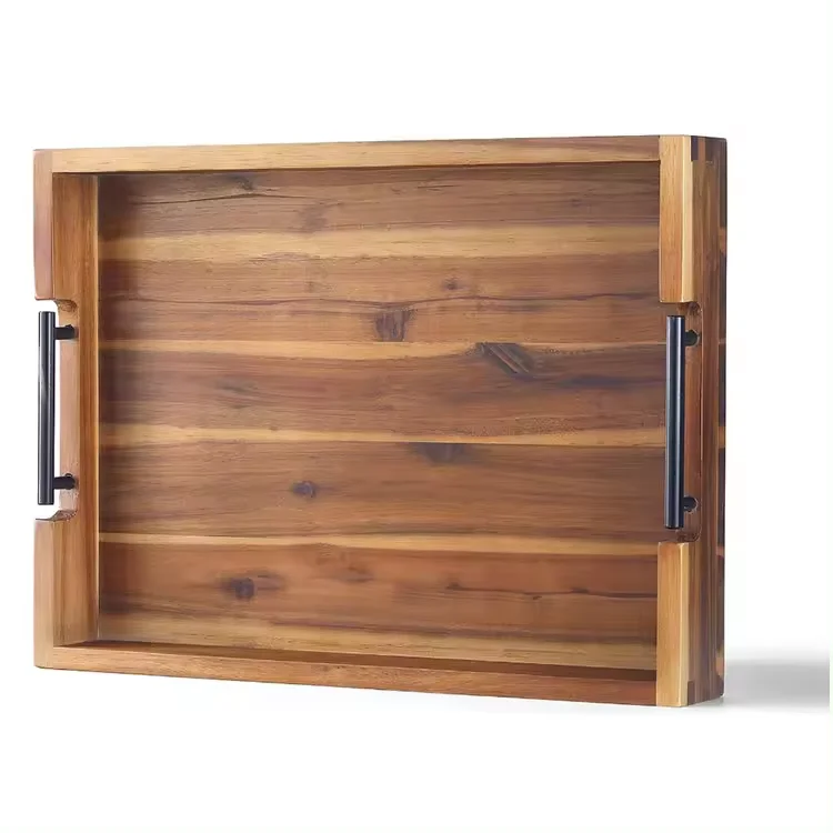 Custom Wholesale Rectangular Breakfast Tray Acacia Wood Food Serving Tray with Black Metal Handles