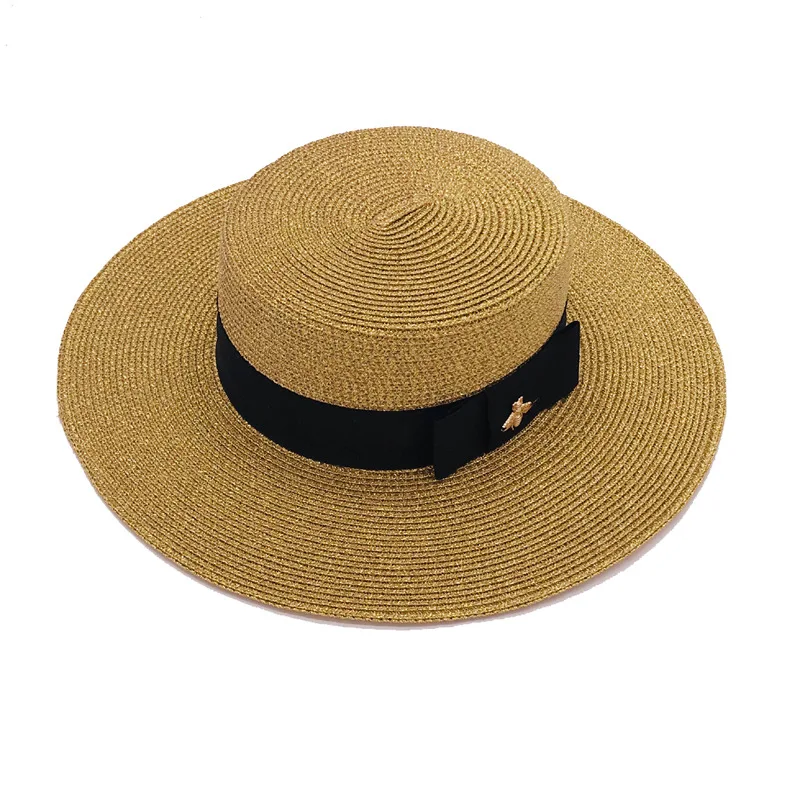 Unisex Summer Straw Women Wide Brim Flat Top Sunhat Sombreros Boater beach hats