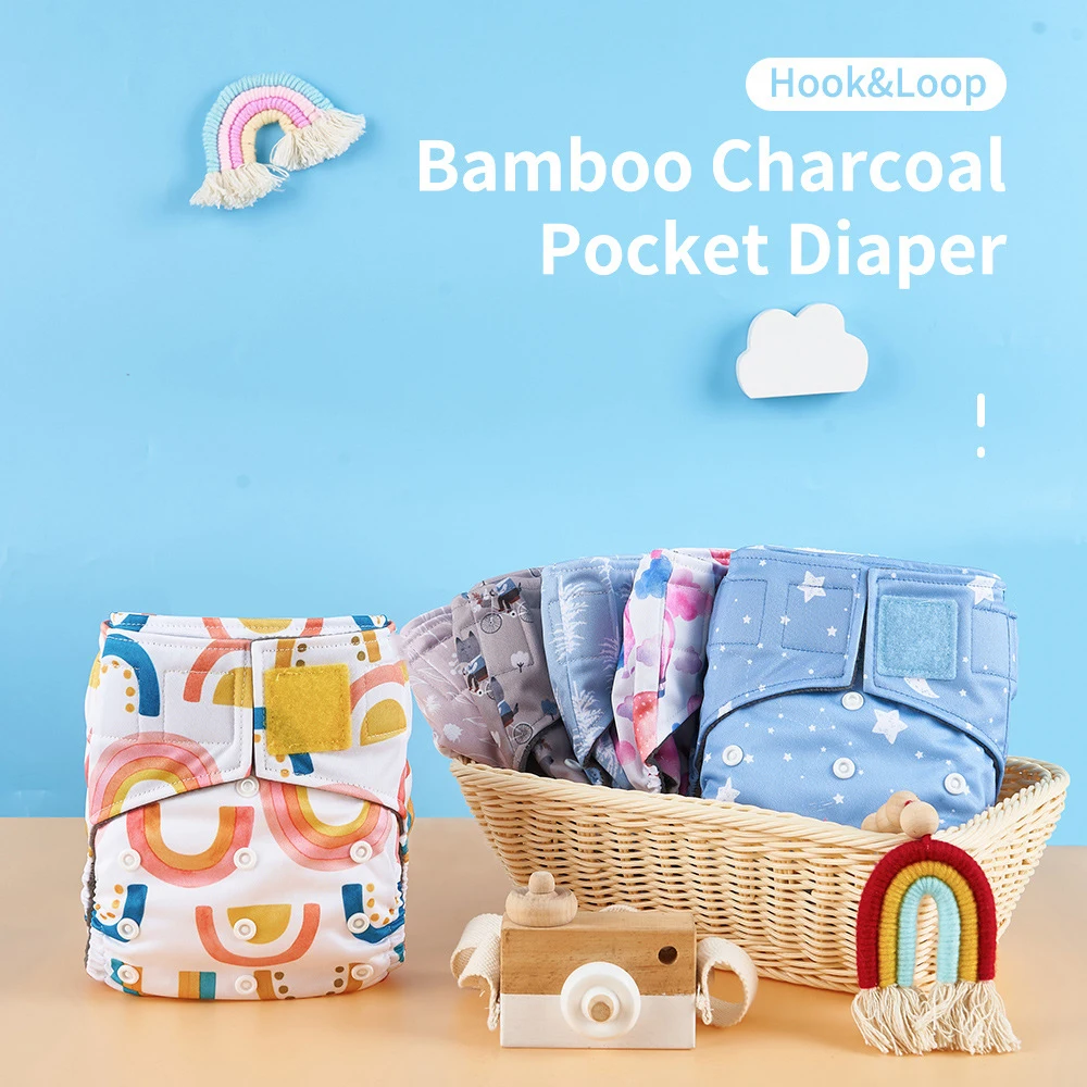 Washable cloth pocket diaper with colored hook loop closure reusable baby diaper with bamboo charcoal lining leg gussets