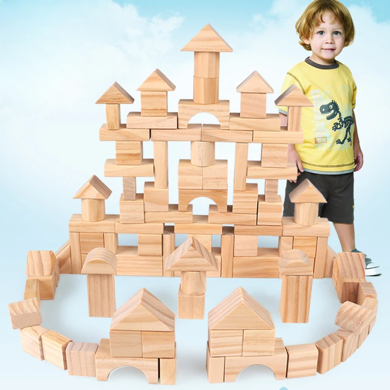 Wholesale Wooden Building Blocks 100pcs Gift Set Eco-Friendly Unpainted Pine Montessori Educational Toy for Kids Dropshipping