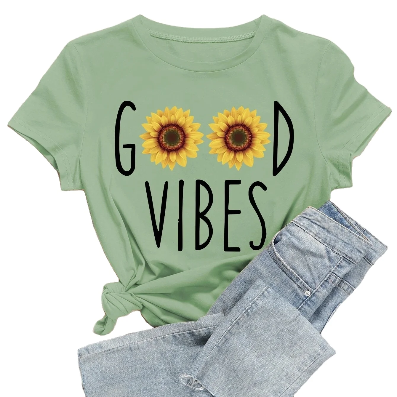 Wholesale 2023 Custom High Quality Letter And Sunflower Print Tee 100% Cotton Tee For Women