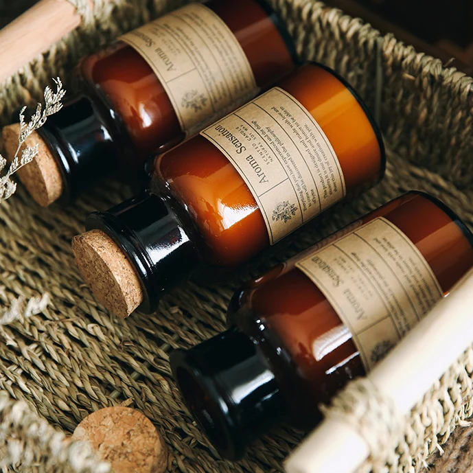 artificial home wedding decor oil vanilla lemon aromatic pharmacy amber bottle customize logo scented favor odor candle with box