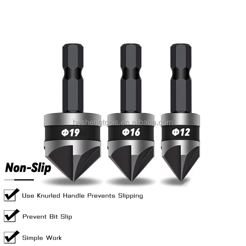 3PCS Carbon steel 90 degrees round handle five edge chamfering device three 12/16/19mm chamfering drill hole for cutting wood