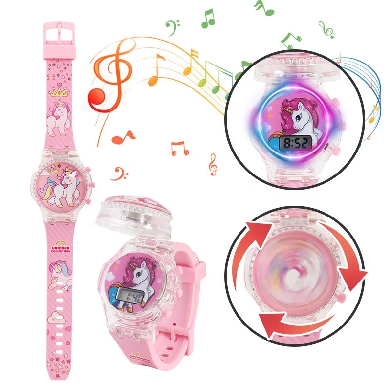 Christmas gifts Rotating top lights up music glowing  children watch cartoon digital  electronic Toy wrist watch for kids
