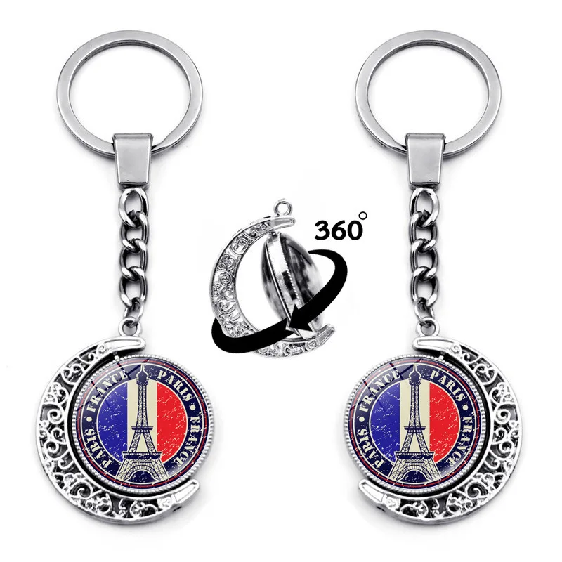 2024Popularity Double -sided Rotation Crystal Glass Free Keychain Eiffel Tower Key Ring Custom Key Chain  Heart Keychain